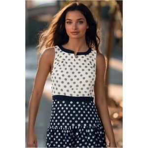 J Crew Polka Dot Dress Womens Size Small 6 Blue Sleeveless Ruffle Hem Zip EUC